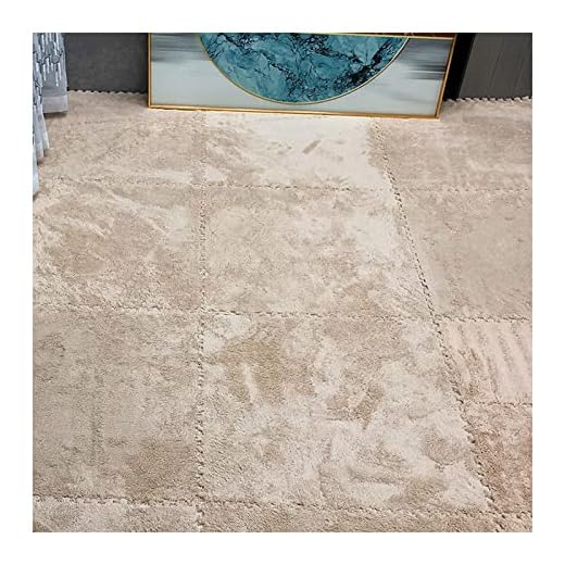 12 X 12 Inch Interlocking Carpet Tiles,10 Pieces EVA Foam Mats, Soft Fluffy Plush Area Rugs Floor Tiles, Puzzle Play Mat for Living Room Bedroom,Light Brown