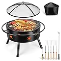 HaSteeL 30 Inch Outdoor Fire Pit, Round Wood Burning Firepit with Spark Screen, Long Poker, Roasting Sticks, Grill Grate & Black Cover, Large for Outside Backyard Patio Camping Bonfire Beach BBQ