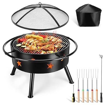 HaSteeL 30 Inch Outdoor Fire Pit, Round Wood Burning Firepit with Spark Screen, Long Poker, Roasting Sticks, Grill Grate & Black Cover, Large for Outside Backyard Patio Camping Bonfire Beach BBQ