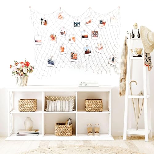 BIZYAC Hanging Photo Display Fishnet Wall Boho Décor with Clips - Sculptural Picture Frames Collage - 20 Clips - 4 Non-Trace Hooks - No Holes Drilling - 40 x 35 inch