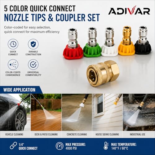 Image of AD-AC150 5-Piece 1 /4-Inch Quick Connect Universal Pressure Washer Degree Nozzle Tips (0, 15, 25, 40, 65) With 1 /4-Inch Quick Connector, 4500 PSI, Suitable for All High Pressure Car Washers