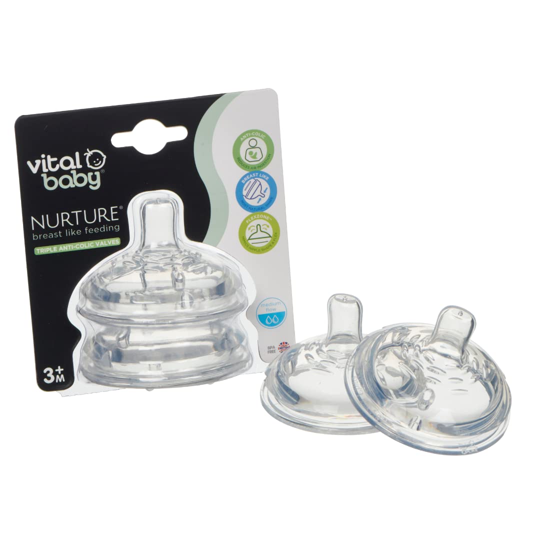 Vital BabyBottle Teats Pack 2 - Hygienic Medium Flow Brest Like Feeding Suitable for 3+ Months - Advanced Anti-colic Valves - Flexzone for Comfort - BPA Free - Feeding Essentials