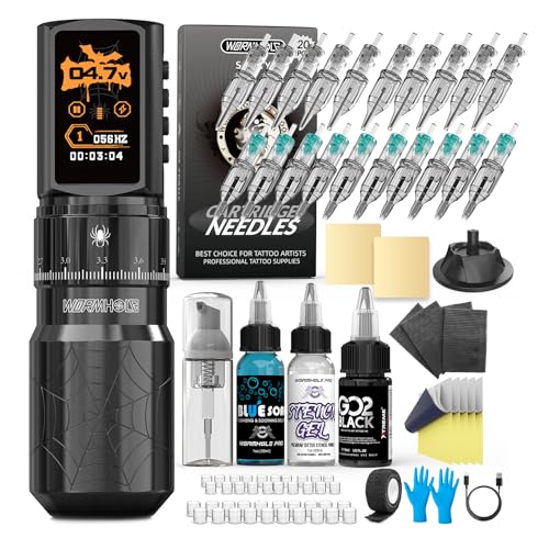 Wormhole 2 300mAh Battery Wireless Tattoo Kit Tattoo Gun Kit with 7 Adjustable Stroke Tattoo Machine with Normal/Jump-Start/Dot Working Mode with LED Digital Display for Artist WTK0257