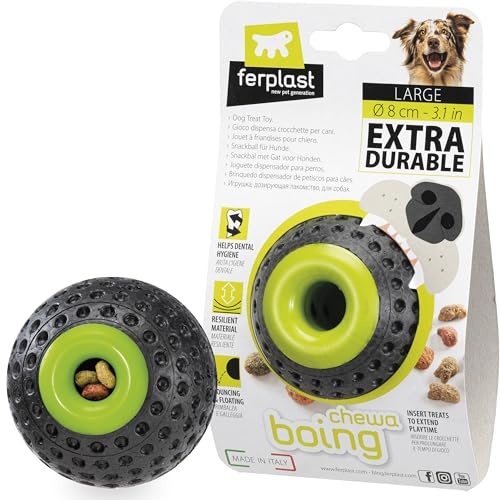 Ferplast Gioco Cane, Dispenser Crocchette Cani, in Materiale Durevole, Atossico, Resistente ai Morsi, Igiene Dentale del Cane, Rimbalza e Galleggia, CHEWA BOING Pallina Porta Crocchette Cani, Nero