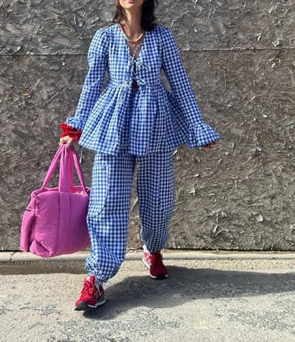 Image of Argeousgor Women Plaid 2 Piece Pajama Set Button Down Puff Sleeve Babydoll Shirt Gingham Pants Pj Lounge Set Sleepwear