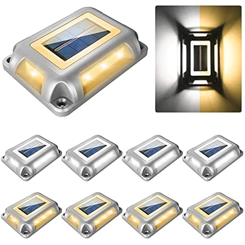 CREPOW Solar Deck Lights Driveway Dock Lights- 8 Packs Waterproof 1200mAh Solar Powered Outdoor LED Aluminum Dock Lighting Road Markers Step Lights for Sidewalk Garden Pathway Yard (White/Warm White) Cover