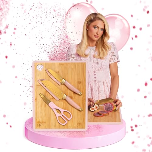 Paris Hilton – 6-teiliges Messerset aus Edelstahl mit Bambus-Schneidebrett– Inkl. Santokumesser, Schälmesser, Küchenschere und Schneidebrett