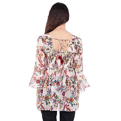 Image of POPWINGS Printed Chiffon Peplum Tops for Women || 3 /4th Sleeves Square Neck Women Tops for Summer || Stylish Western Smocking Women Tops