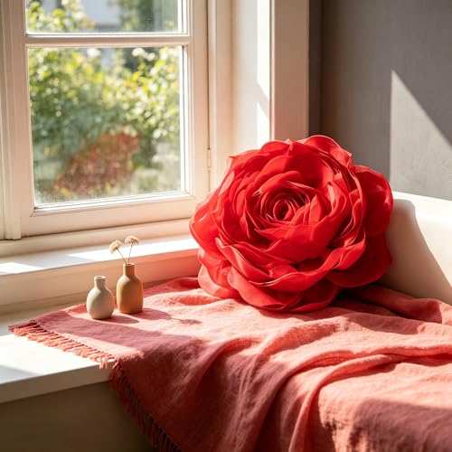 Image of JWH 3D Flower Decorative Throw Pillow Covers with Insert, Red, 14 Inch