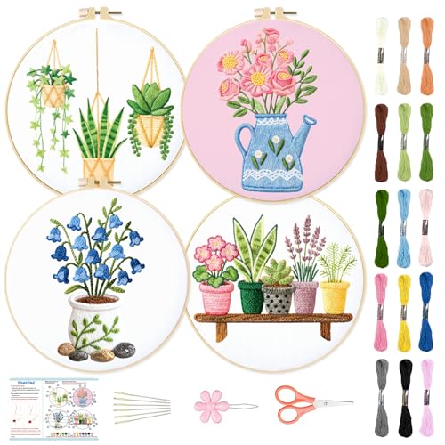 Image of BEUNITONE 4 Set Embroidery Kit for Beginners, Vase Plants Cross Stitch Kits, Needlepoint Kits for Adults with Instructions and Full Kit, Creative Hand Embroidery Patterns for Cloth and Home Decor