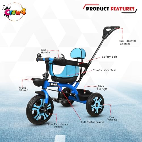 Image of Tricycle 1 Years to 5 Years with Removable Safety Guard and Parental Control Back Side Push Handle with Rubber Tyre for Kid's CR07 (Blue 3)