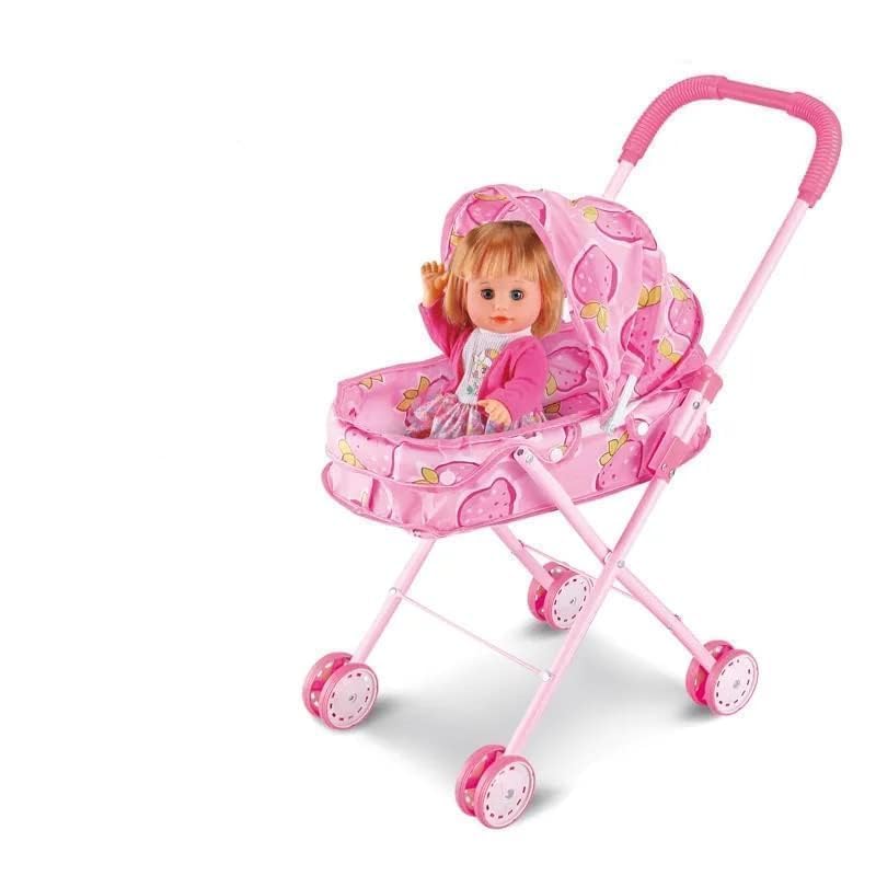 Foldable Doll Stroller for Girls with Toy Baby Doll | Lightweight Pram with Canopy & Wheels | Pretend Play Pushchair Toy | Pink-image-12