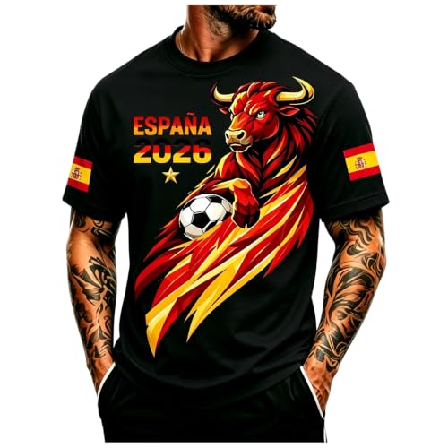 Image of Spanish T-Shirt Mens Retro Football Tee 2026 Spain Flag Short Sleeve Crew Neck Oversize Classic Summer Top for Football Fans Supporter (Navy, L)