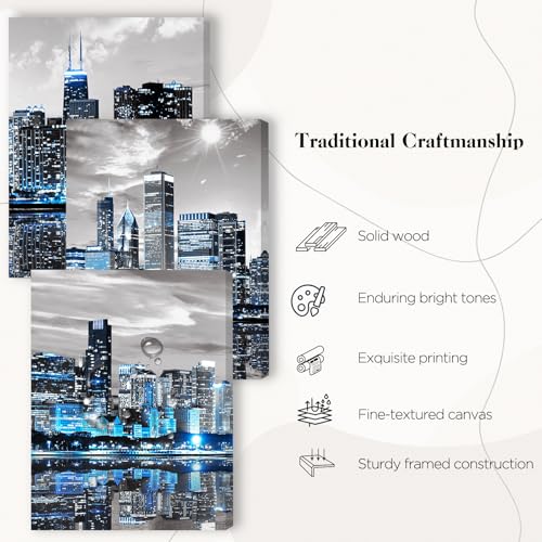 SERIMINO Chicago Skyline Wall Art for Living Room, Modern City Pictures Canvas Wall Decor for Office Bedroom 3 Pieces Set Night Scene Prints Paintings for Home 12"X16"