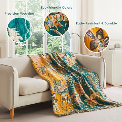 Image of MSGKV Boho Throw Blanket 60 inchx80 inch 100% Cotton Floral Muslin Blanket for Sofa