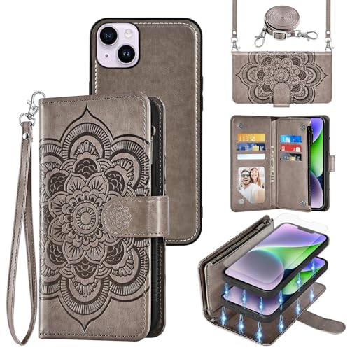 Coque iPhone 14 Plus 5G étui portefeuille fleurs fermeture éclair verre