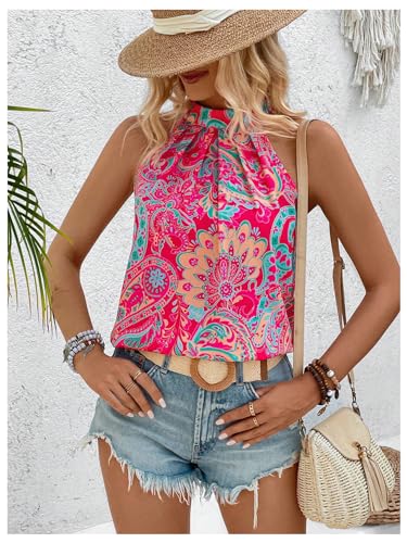 Image of RoseSeek Women's Tropical Paisley Halter Blouse Boho Shirt Vacation Tops