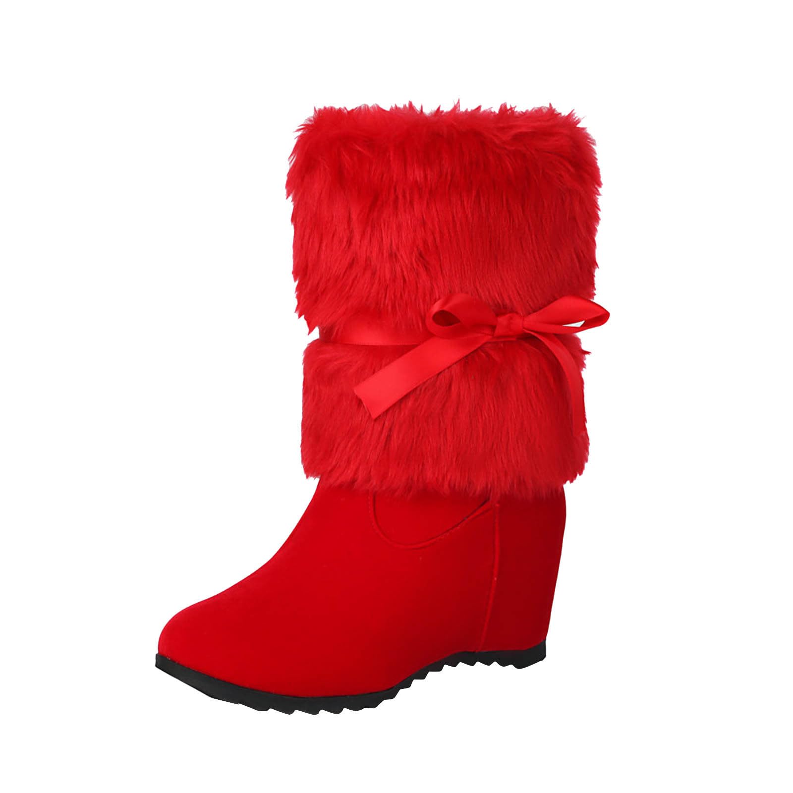 Christmas Boots for Women Fur Lined Mid Calf Snow Boots Wedge Heel Winter Warm Boot Xmas Outdoor Shoes
