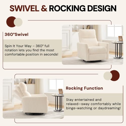 Image of Korser 360 Swivel Glider Rocker Manual Recliner, High Back Corduroy Recliner with Curved Armrests, Beige Nursery Rocking Reclining Chair for Living Room Bedroom Adults