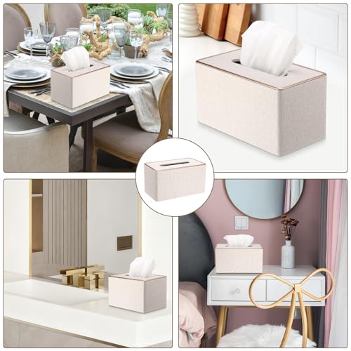 Image of Sumnacon Rectangular Linen Tissue Box Cover - Stylish Tissue Box Holder with Magnetic Bottom, Decorative Tissue Box for Bathroom Toilet Vanity Night Stand Table Countertop Office, Beige Linen Texture