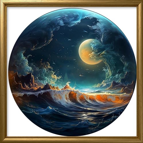 Image of Leczany Cross Stitch Stamped Kit for Beginner - Moonlight Waves | DIY Embroidery Starter Patterns Craft Kit Needlepoint for Adults | 11CT, 3 Strands | 15x15 inches