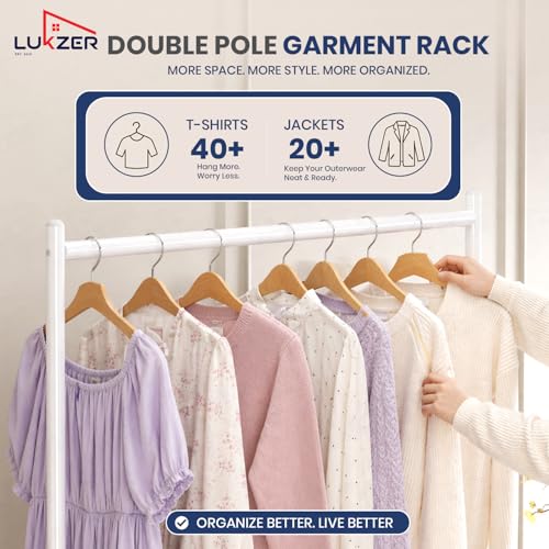 Image of Lukzer Double Rod Garment Rack with Wheels | MGS-006 / White | Heavy-Duty Metal Clothes Stand Organizer with Bottom Shelf | Rolling Clothing Rack for Bedroom, Laundry & Boutique (183 x 110 x 40 cm)
