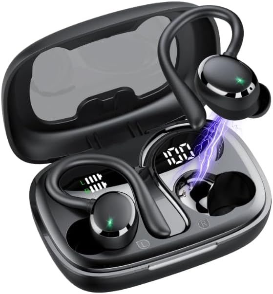 Headphones Wireless Earbuds Sport, Bluetooth 5.3 Over Ear Buds Stereo Deep Bass Headset with Earhooks, 80H Wireless Earphones with HD Mic, IP7 Waterproof Earbud for Sports/Running/Workout Black