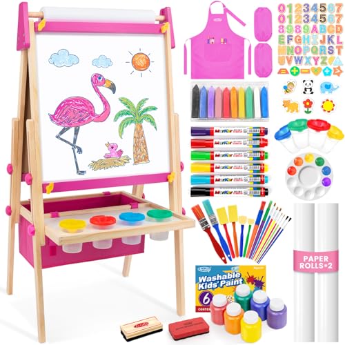 Image of Art Easel for Toddlers Kids, Adjustable Standing Art Easel with Magnetic Chalkboard & Whiteboard, Dry-Erase Board, Paper Roll, Drawing & Painting Easel for Kids Ages 3 4-8 9-12, Pink w/Bag