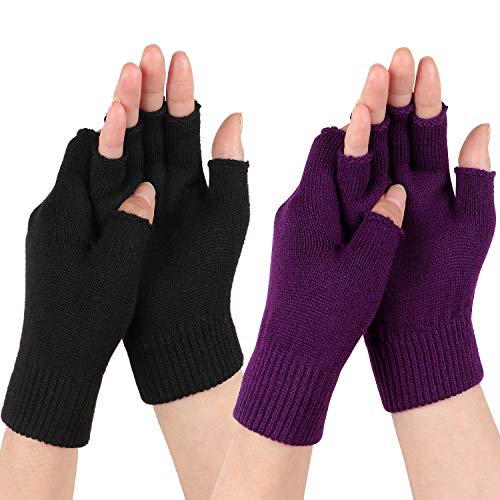 Tacobear Guantes sin Dedo Guantes de Medio Dedo de Mitad Invierno Guantes de Lana Elásticos para Mujeres (Negro + Morado)