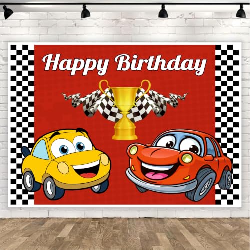 Image of Car Theme Happy Birthday Backdrop 4x3 Ft for Kids Party Decoration, Birthday Banner Background Curtain for Boys & Girls, Cake Table Decor, Photography Background Cloth