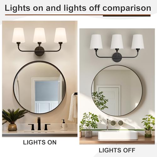 Image of Bathroom Vanity Light, Matte Black Bathroom Lighting Fixtures Over Mirror | 3-Light Bathroom Light Fixtures with Flared White Fabric Shade, E26 Socket (ETL Listed)