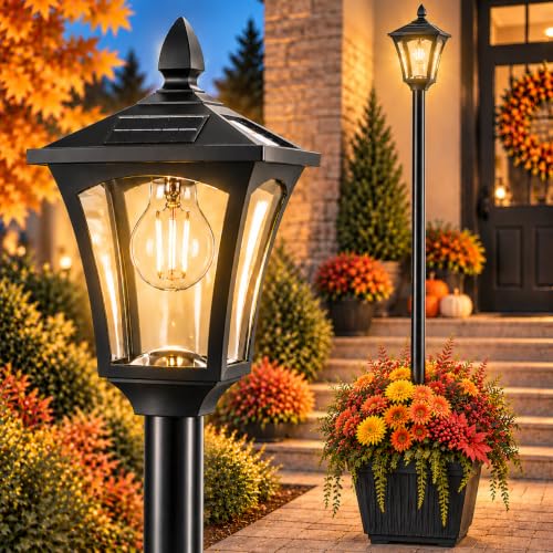 76' Solar Lamp Post with Planter, Glass & Metal Outdoor Light, Warm White