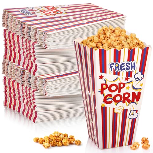 Covzoe 100 Packs Popcorn Box, 46 Oz Open Top Popcorn Containers Disposable, 7.9 Inch Tall Bulk Classic Stripe Square Popcorn Bowls Bucket for Movie Night, Paper Treat Snack Box for Party Decorations