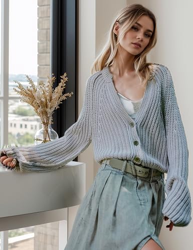 Image of Yimoon Womens Crop Cardigan Sweater Chunky Crewneck Open Font Button Down Cropped Knitted Sweater 2024 Fall (Grey-L)