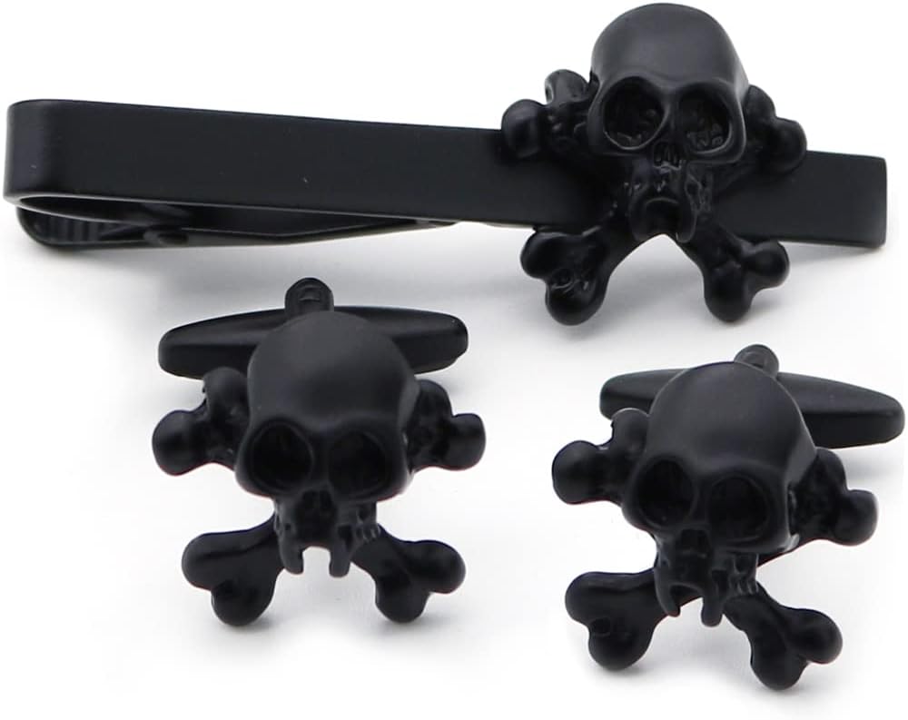Cool Skull Cuff links & Tie Clip Set for Men, Black Skeleton Cufflinks & Necktie Bar Clips, Punk Stickpins & Cufflink Stud...