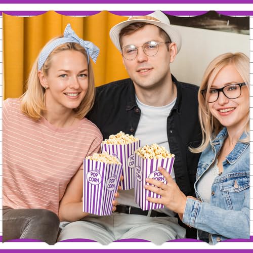Image of Xinnun 200 Pcs Popcorn Boxes 32 oz Classic Stripe Paper Popcorn Buckets Bulk Disposable Oil Proof Container Vintage Retro Open Top Holders for Movie Night Supply Theater Carnival Party(Purple)