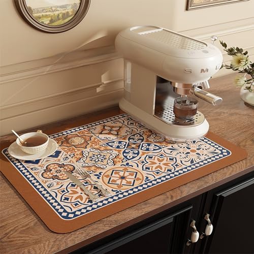 Lilithmanor Coffee Mat, Boho Style Dish Drying Mat, Fast Water Absorption, Hide Stains, Easy to Clean, Fit Coffee Bar Accessories, Bar Mats for Countertop (12