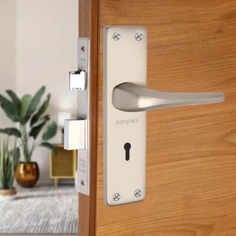 Ampex Iron, Brass, Steel Mortise Handle Lock Set Antique - Premium Heavy-Duty Door Lock for Enhanced Security, Mortise Lock with 3 Keys (Stainless Steel, Matt)