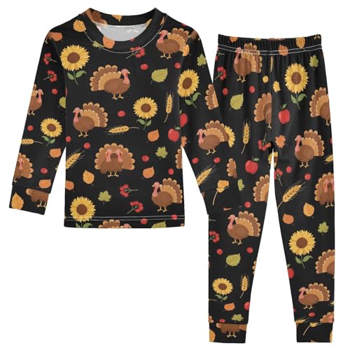 Pajama Sets Long Sleeve Autumn Sunflower Pattern with Turkeys Soft Comfy Sleepwear 2 Piece PJS 3-8T
