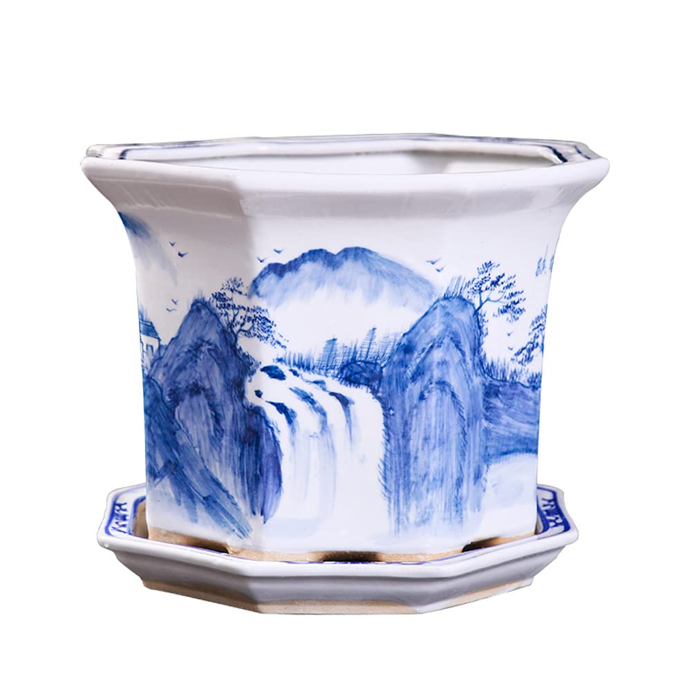 手描き花鳥模様 陶磁器角型ランプ Amazon.co.jp: 手描きの陶器の背の高い八角形の植木鉢、中国の青