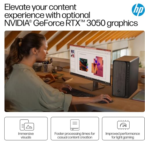 Image of HP OmniDesk Desktop, Tower Computer with NVIDIA GeForce RTX 3050 Dedicated Graphics, AMD Ryzen 7 8700G, 16GB DDR5 RAM 512GB SSD, Windows 11 Pro, Wireless Keyboard & Mouse, Docking Station, Gray Wood