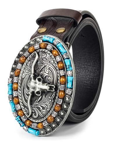 Western Cowboy Belt – Floral Longhorn Bull Buckle Embossed Vintage Genuine Leather Unisex 25"-38".4