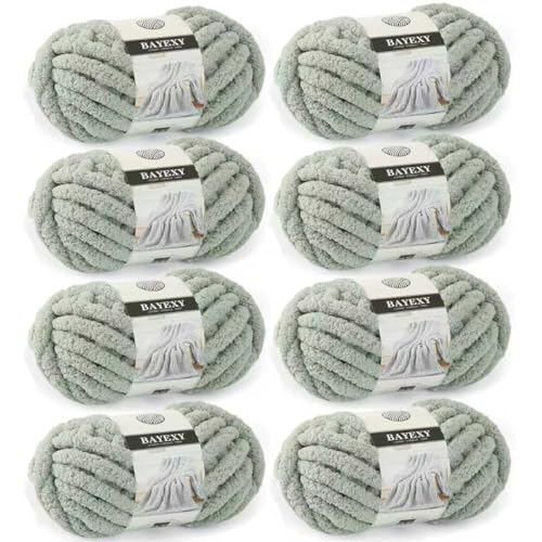 Image of Chunky Chenille Yarn for Hand Knitting 8 Jumbo Pack Jumbo Chunky Yarn for Hand Soft Blanket Knitting, Bulky Thick Fluffy Yarn for Crocheting (Sage Green)