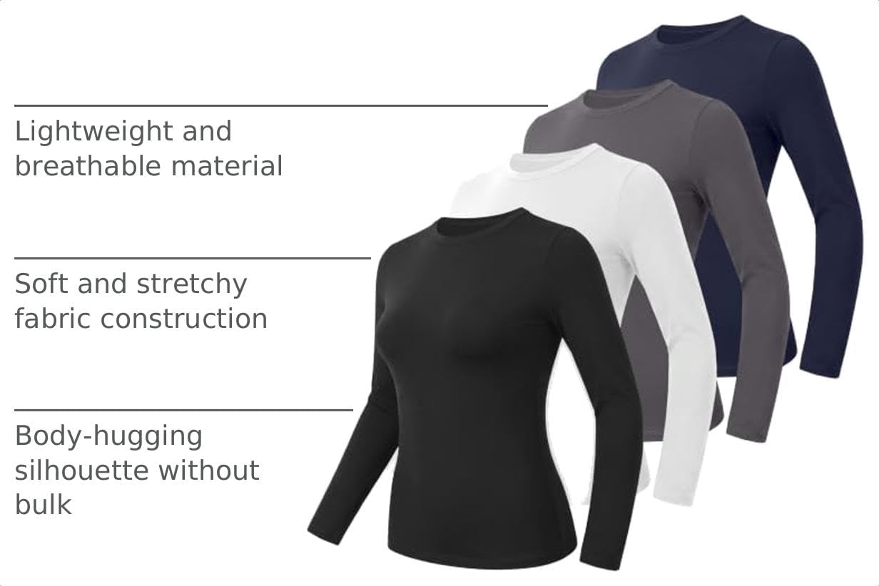 GAYHAY 4 Pack Womens Long Sleeve Shirts Slim Fit Basic Tees Workout Tops
