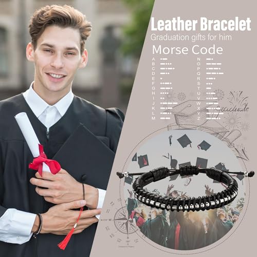 Image of Btysun Fathers Day Gift, Gifts for Men Morse Code Bracelets for Men 2026 Graduation Gifts Mens Bracelet for Him Boyfriend Husband Leather Bracelet Motivational Birthday Jewelry Stocking Stuffers