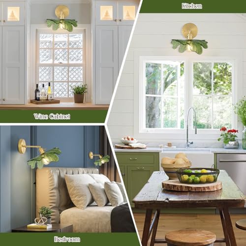 Image of Vanity Lights for Bathroom Mid Century Modern Wall Sconce Light Fixture Green Flower Glass Shade 90 Degree Adjustable Gold Sconce Hardwired Vintage Wall Lighting for Over Mirror Bath