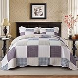 NEWLAKE Cotton Bedspread Quilt Sets-Reversible Patchwork Coverlet Set, Rhythm Square Pattern, Queen Size