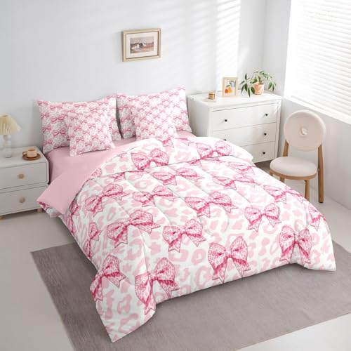 Manfei Pink Bow Full Bedding Set 7 Pieces,Princess Style Bowknot Fairy Tale Dreamy Comforter Set with Sheets for Girls,Kawaii Pink Leopard Fur Print Bow-tie Bed Set in a Bag with Pillow Covers