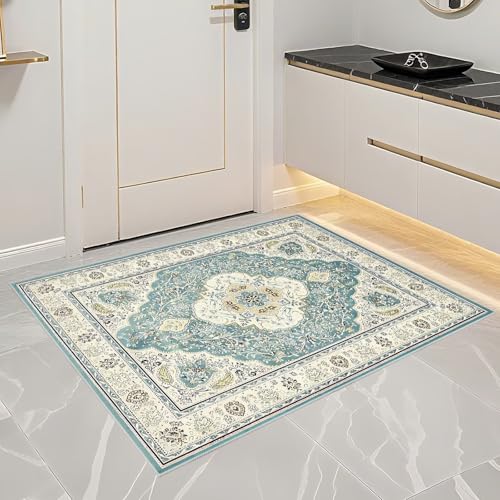Tapis terrasse extérieur grand format bleu motif floral cuisine