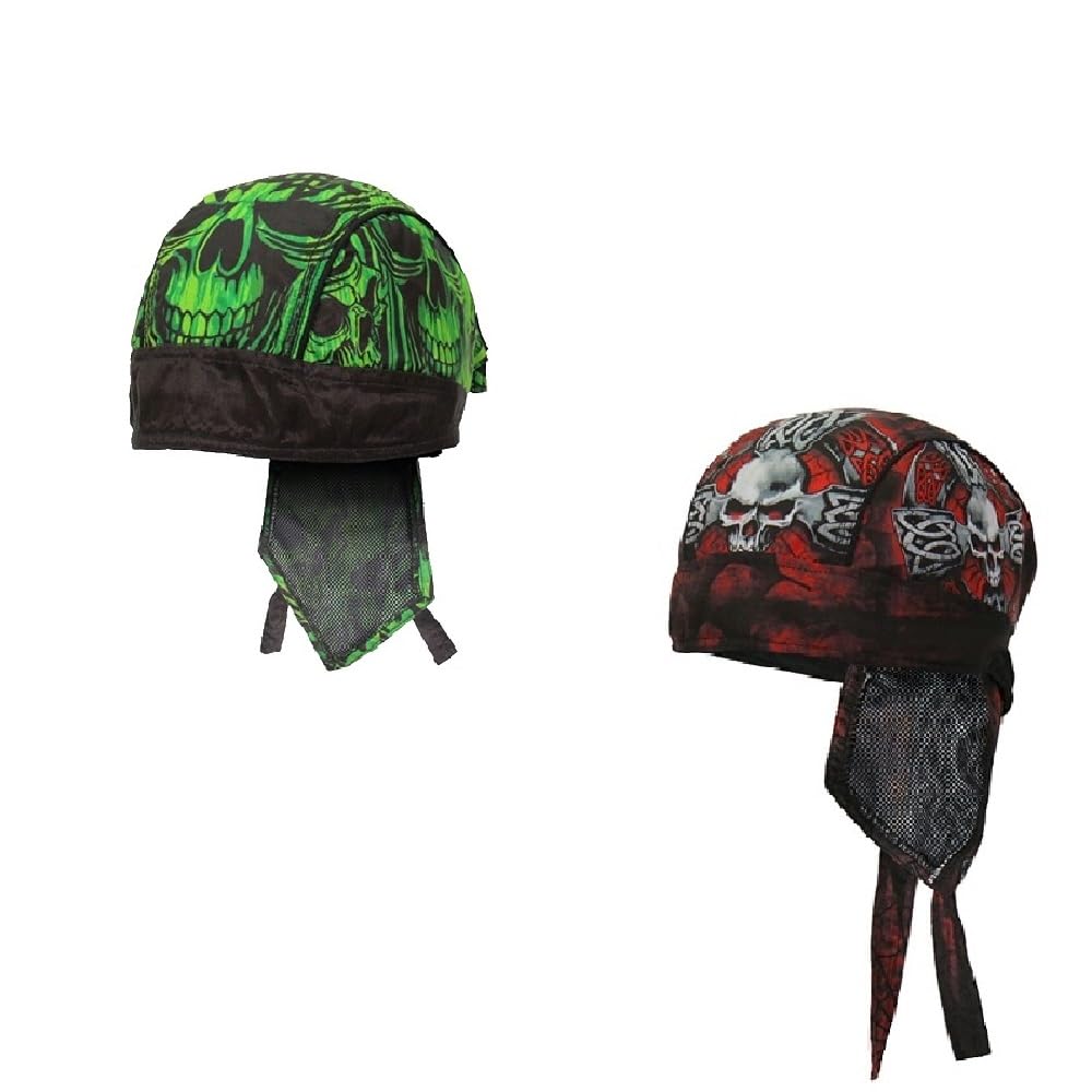 Lot or Set of 2 Red Grey Black Celtic Skull Cross and Neon Green Gothic Skulls Head Wrap